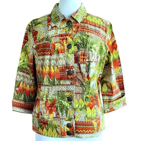 Chico's Monkey Jungle Tropical Print Jean Jacket Cotton Stretch Front Pockets - Picture 1 of 6